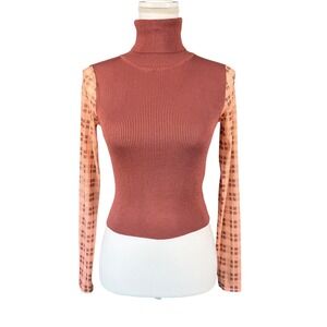 Zara Womens Ribbed Turtleneck Sweater Mesh Plaid Long Sleeve Rust Orange Small